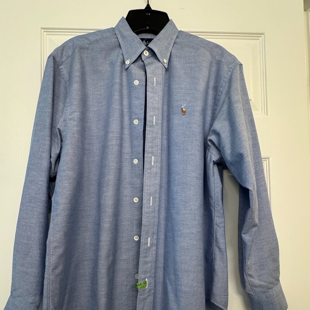 Long-sleeved blue chambray oxfordcloth button-down blouse by Polo - W6